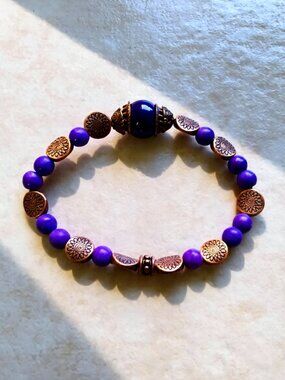 Handmade Purple & Copper Stretch Bracelet 6-6.75" ~ Boho Festival Free Spirit